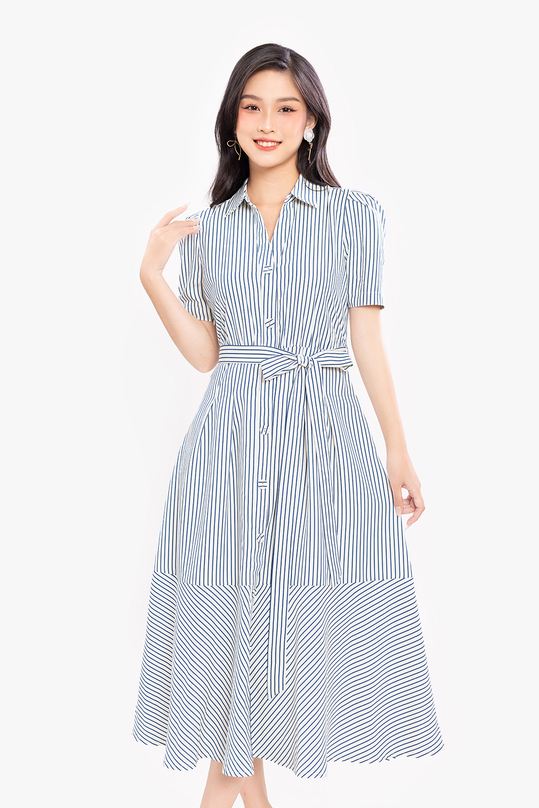 Đầm sơ mi kẻ sọc phối thắt nơ eo KK169-13