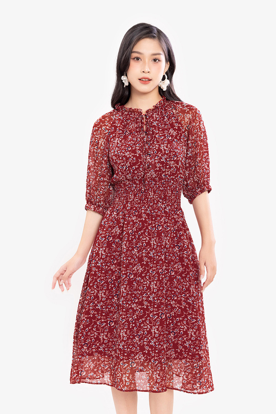 Đầm đỏ hoa nhí dáng xòe eo bo chun KK169-25