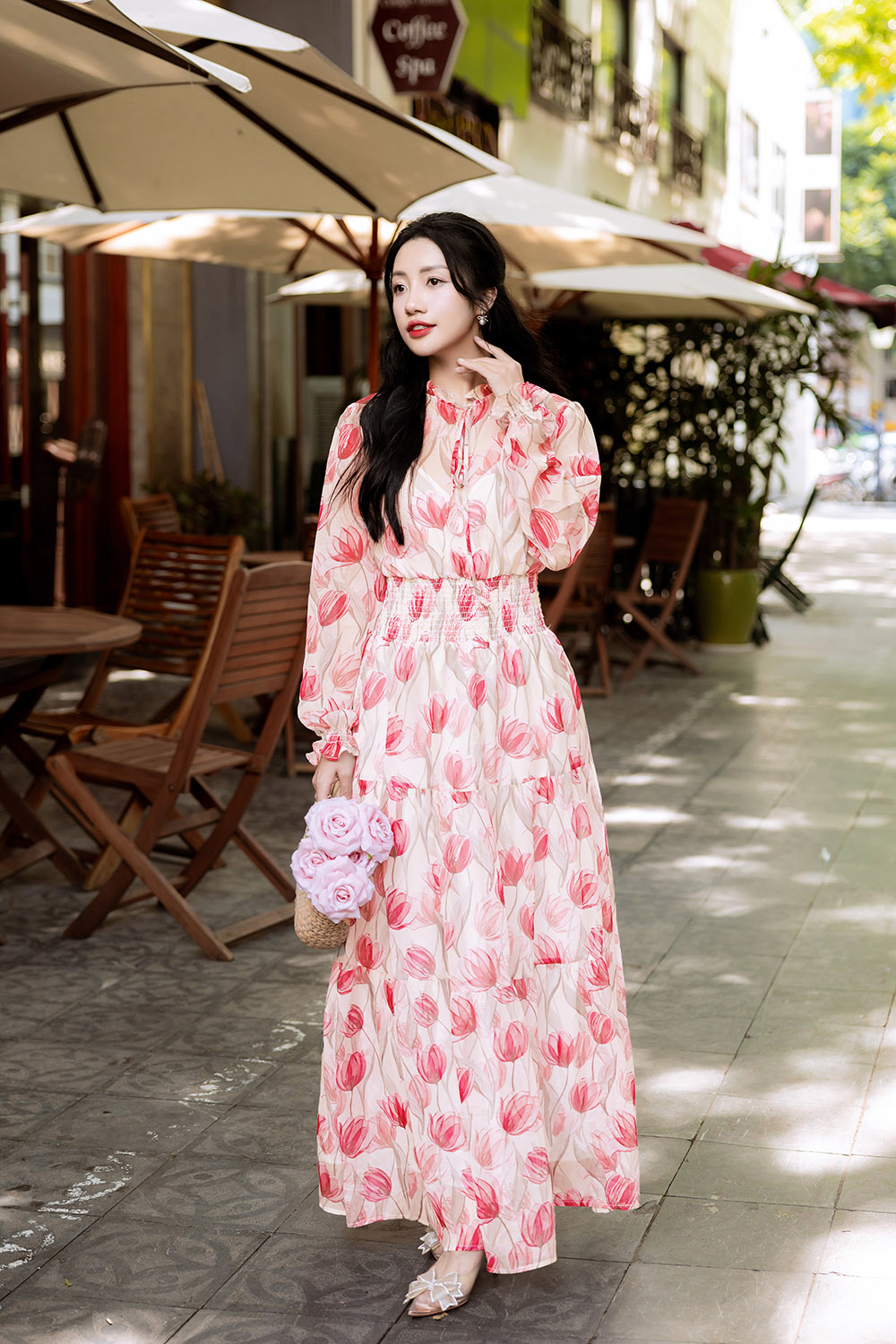 Đầm voan hoa dáng dài eo bo chun HL28-19