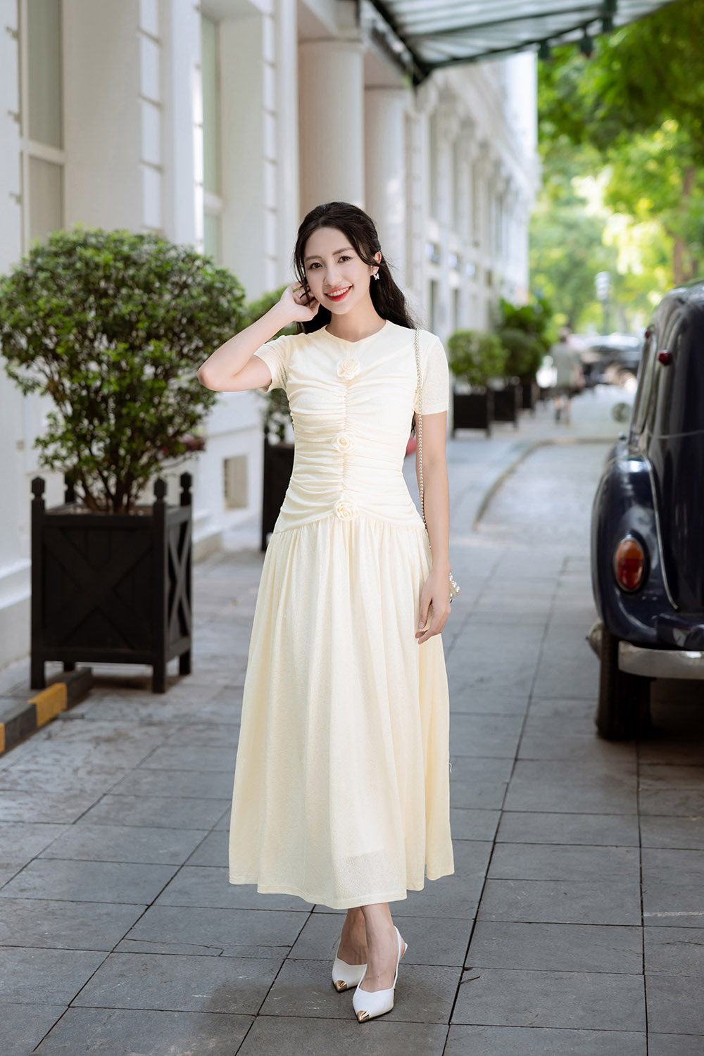 Đầm thun dài nhấn eo phối hoa KK170-20