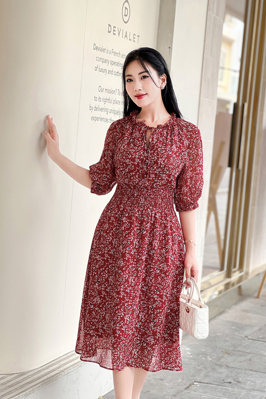 Đầm đỏ hoa nhí dáng xòe eo bo chun KK169-25