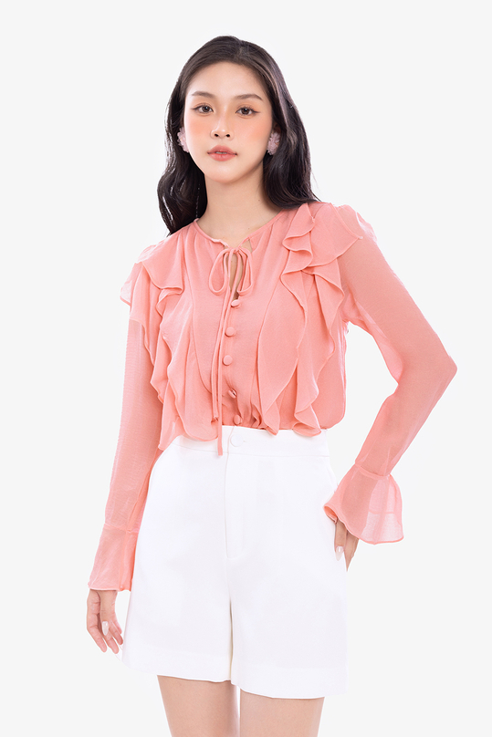 Áo kiểu nữ màu hồng tay dài phối bèo ASM18-20