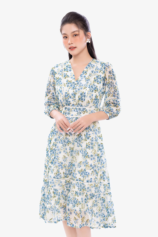 Đầm trắng xòe hoa xanh phối đăng ten KK170-12