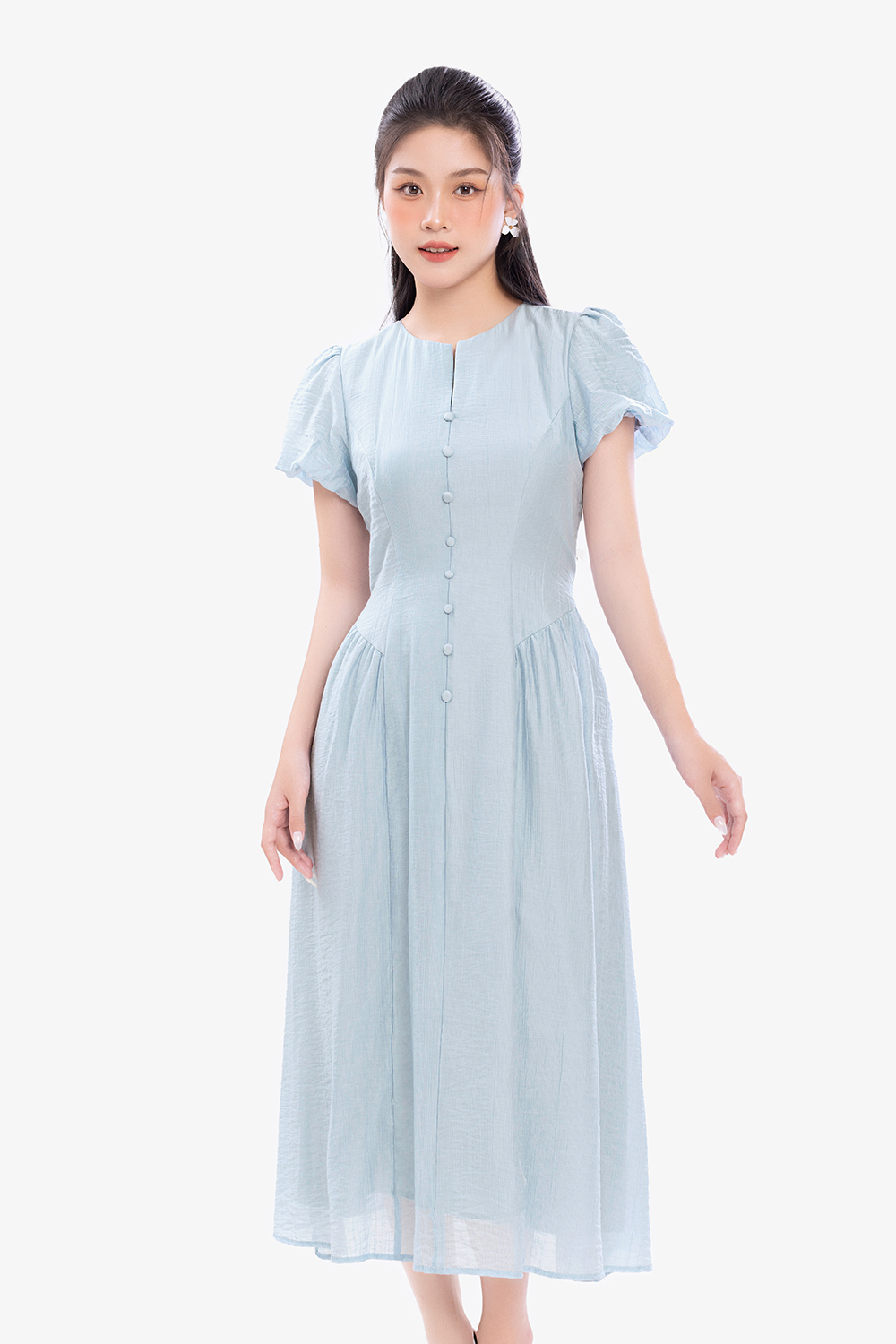 Đầm xòe dáng dài hạ eo tay bí màu xanh