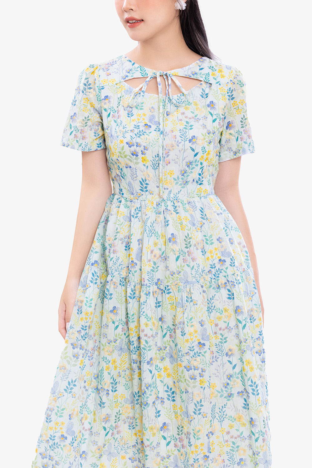 Đầm hoa xanh dáng xòe cổ phối nơ