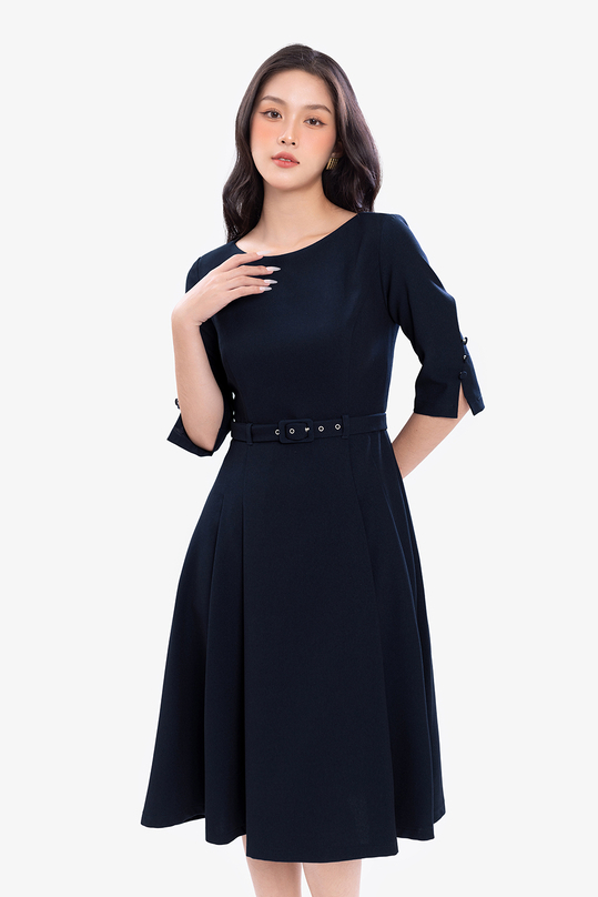 Đầm công sở xanh đen dáng xòe kèm đai eo KK170-23