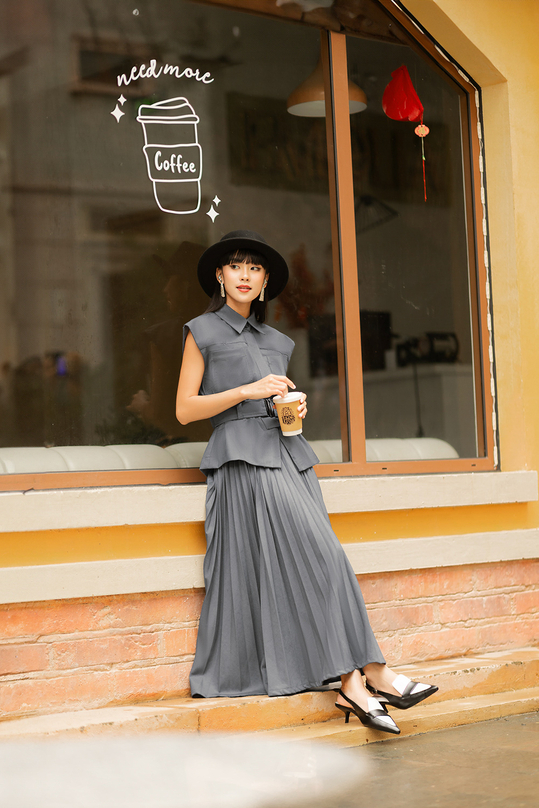 Chân váy xòe xếp ly dáng dài màu xám CV08-24