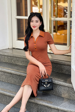 Đầm thun cổ polo kẻ sọc ôm body