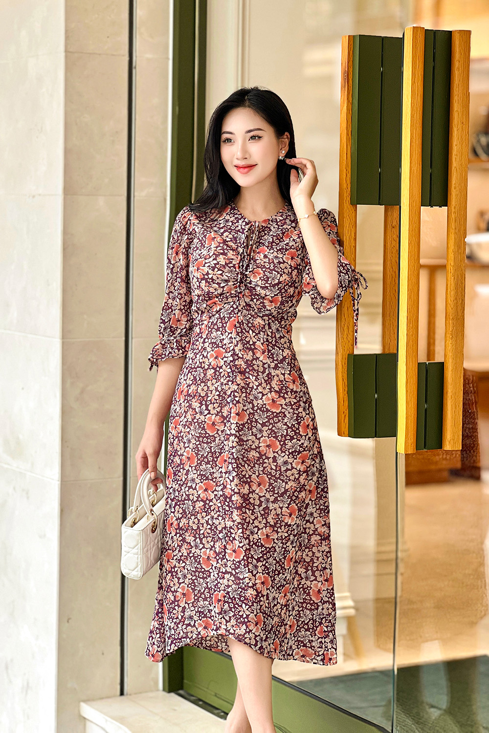 Đầm chữ A hoa tay lửng phối nơ KK170-25
