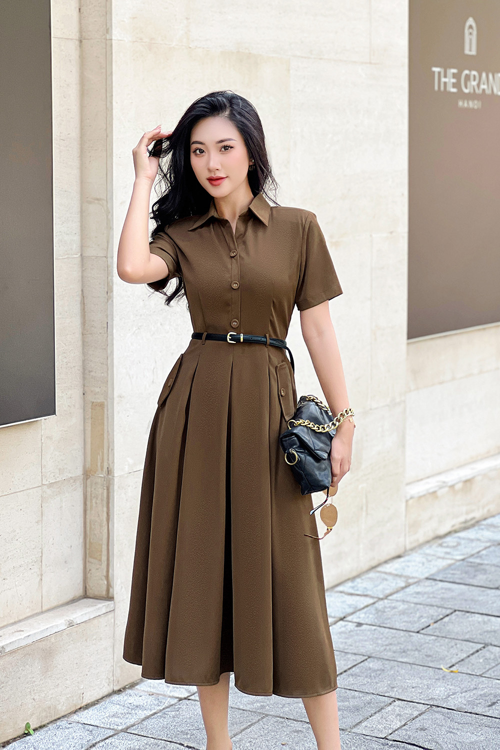 Đầm sơ mi công sở dáng xòe tay ngắn HL28-15