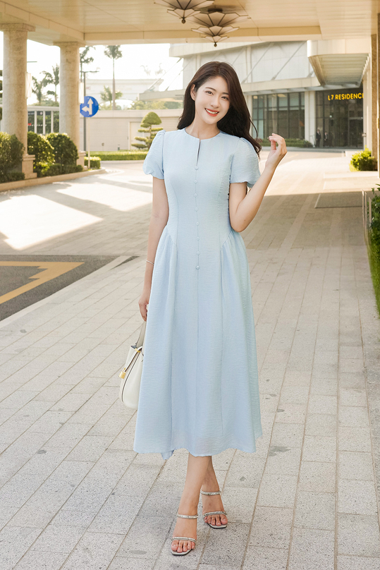 Đầm xòe dáng dài hạ eo tay bí màu xanh KK170-18