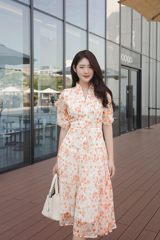 Đầm hoa nhí dáng xòe eo thắt nơ KK170-05