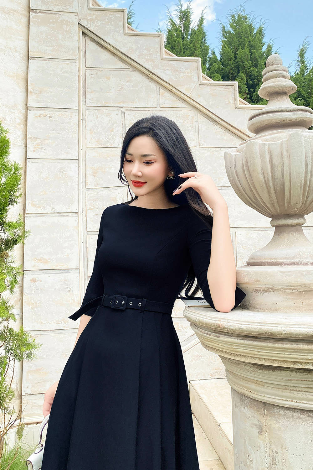 Đầm công sở xanh đen dáng xòe kèm đai eo