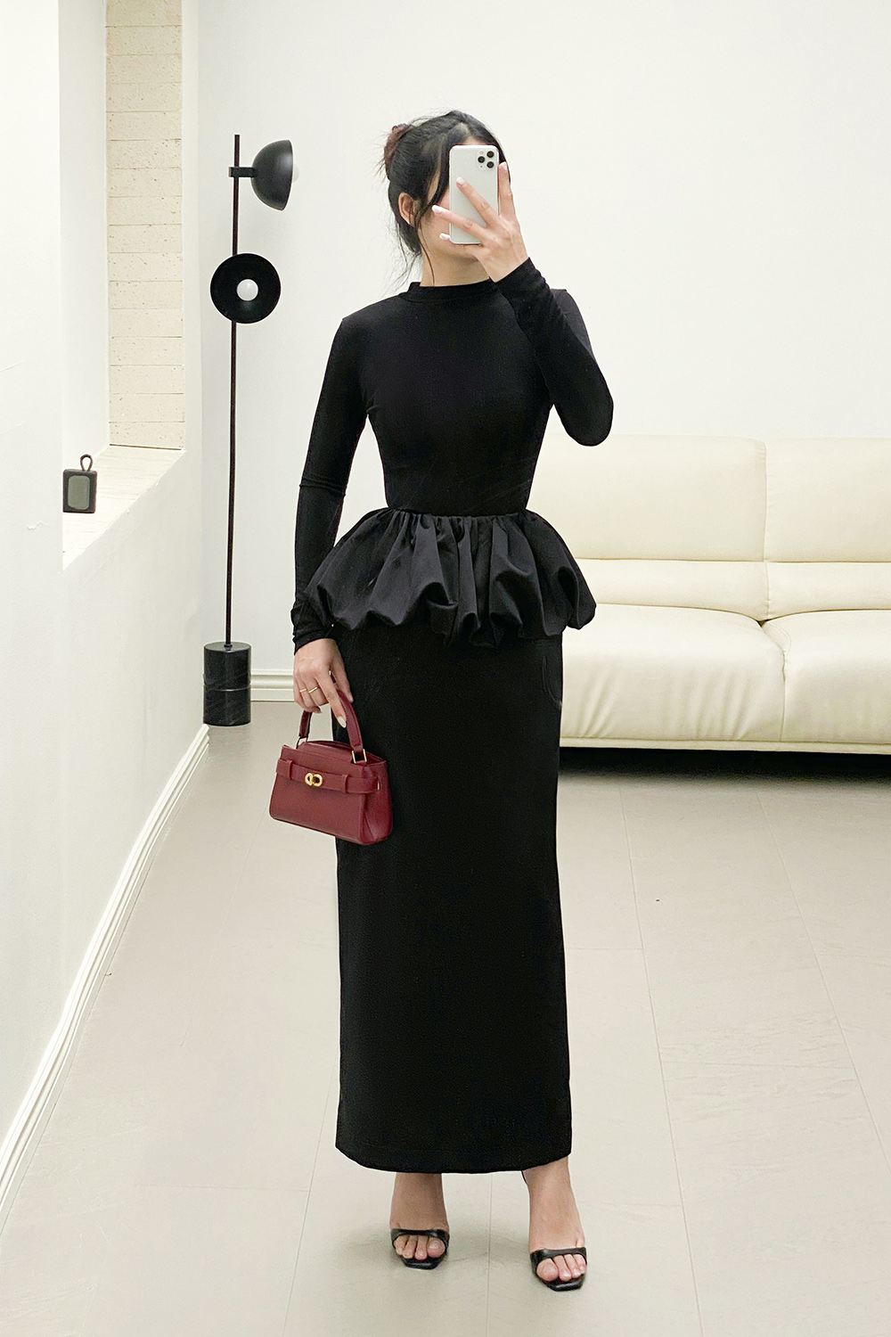 Chân váy lụa dáng dài peplum màu đen