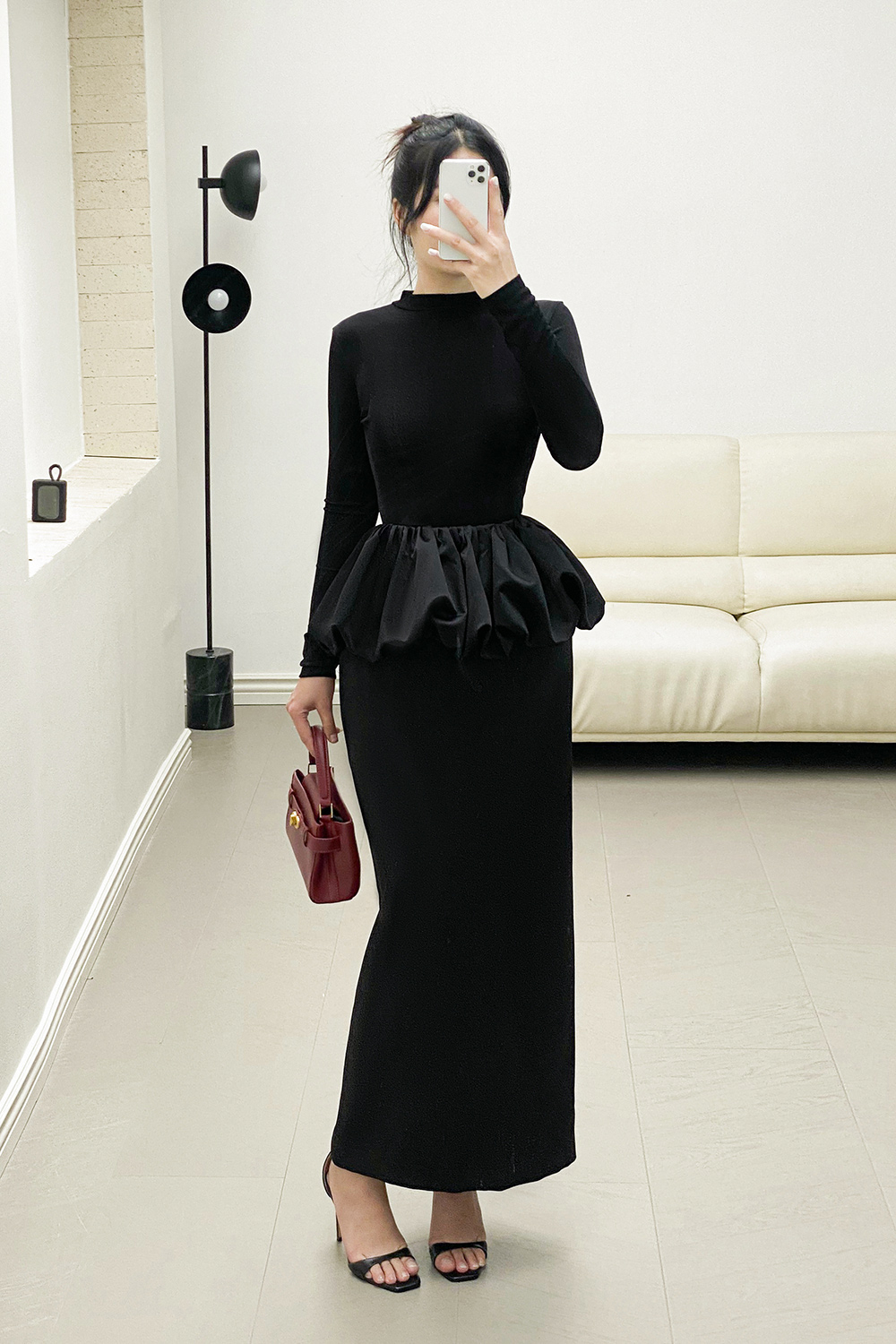 Chân váy lụa dáng dài peplum màu đen