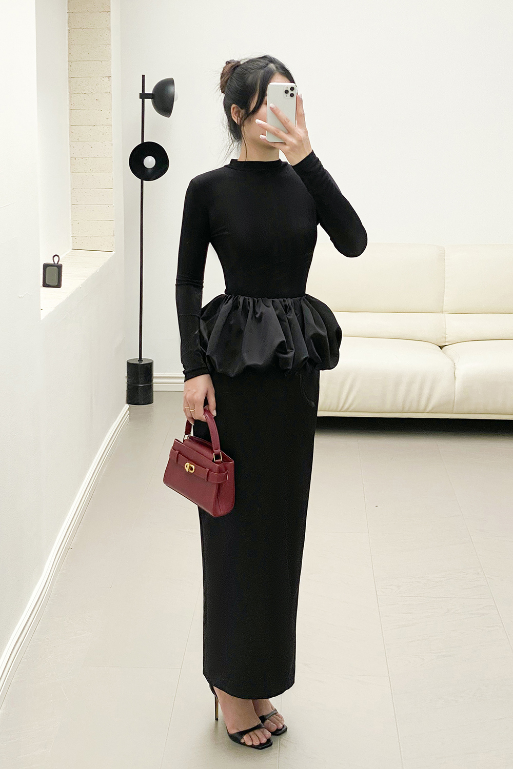 Chân váy lụa dáng dài peplum màu đen