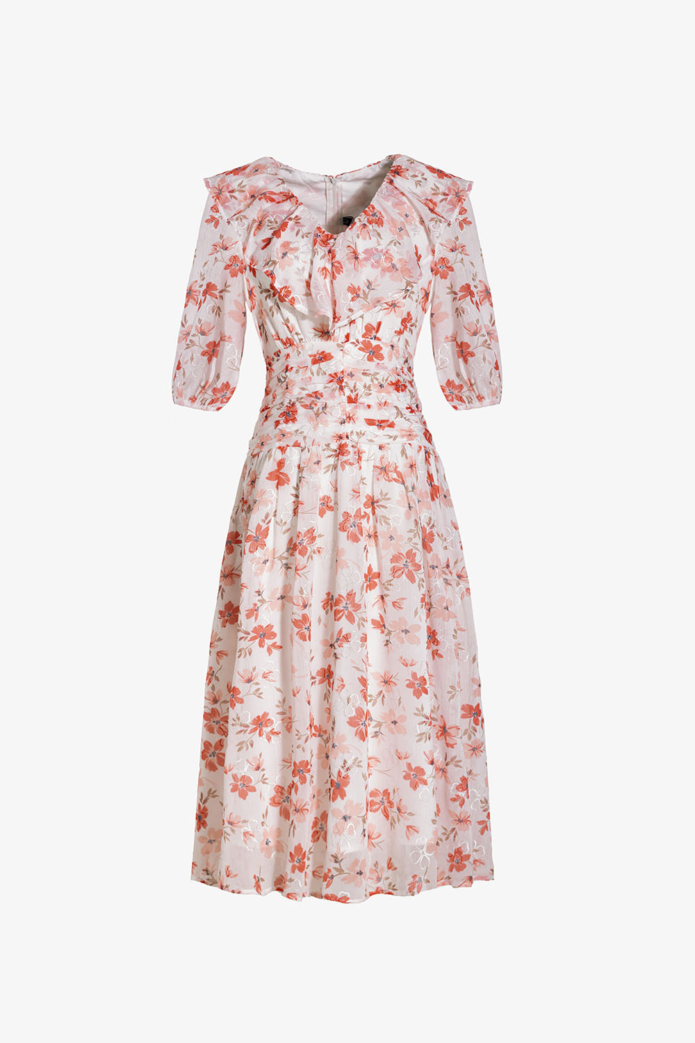 Đầm hoa xòe tay lửng cổ bèo