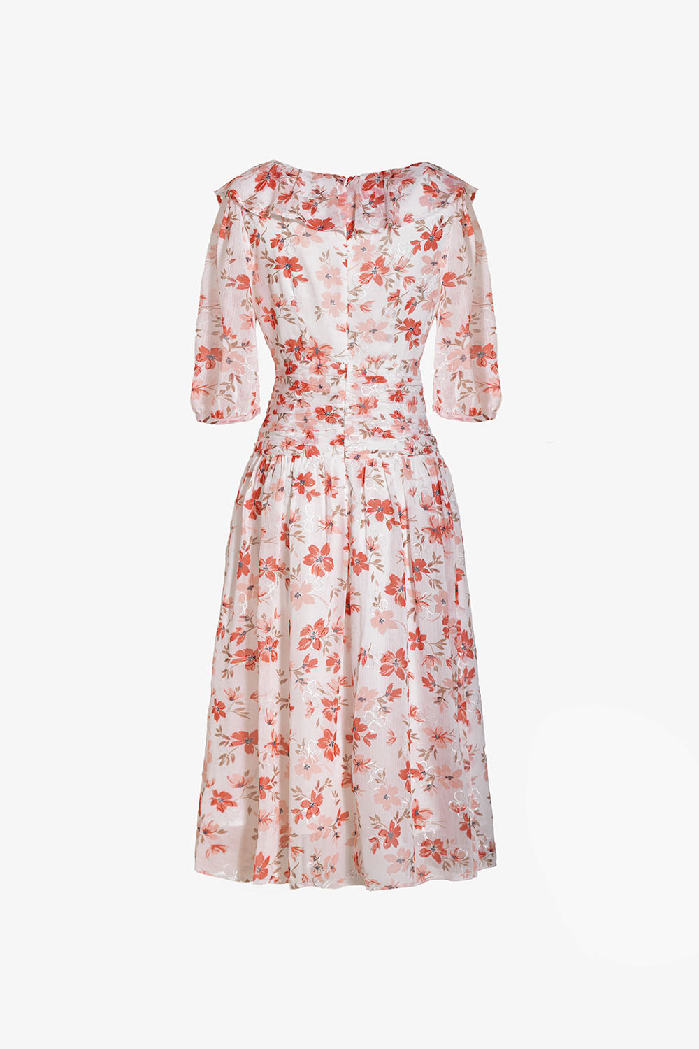 Đầm hoa xòe tay lửng cổ bèo