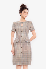 Đầm tweed dáng ôm phối nút cổ cut-out