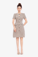 Đầm tweed dáng ôm phối nút cổ cut-out