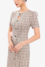 Đầm tweed dáng ôm phối nút cổ cut-out