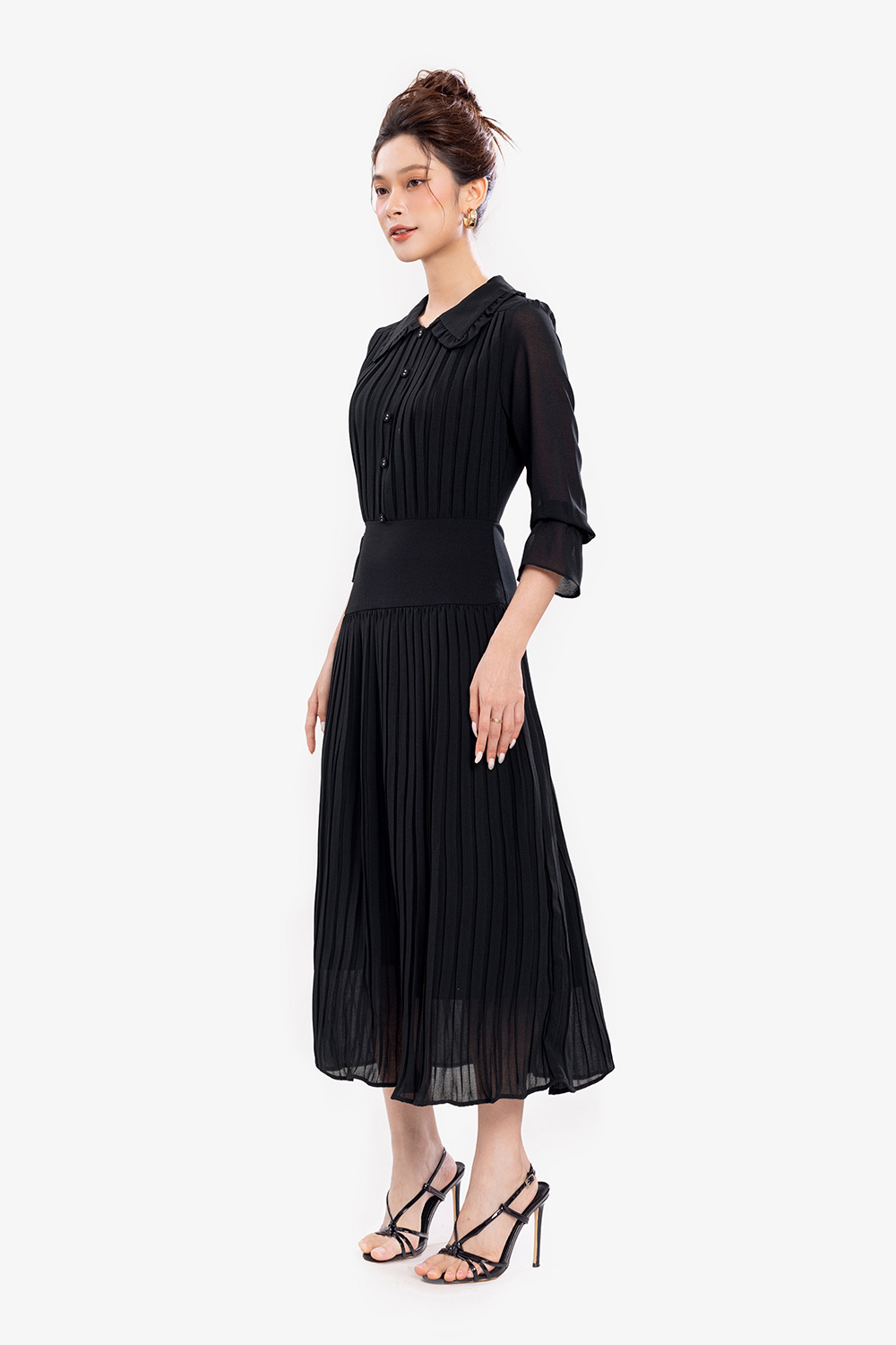 Đầm voan đen công sở dáng xòe hạ eo