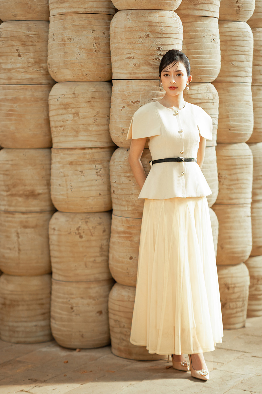 Chân váy lưới dáng dài xòe màu be CV08-31