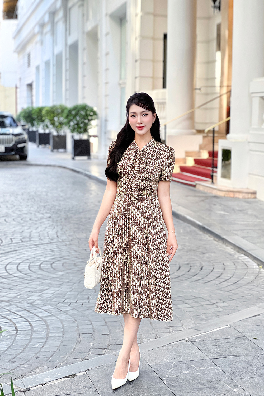 Đầm xòe công sở họa tiết phối nơ HL28-40
