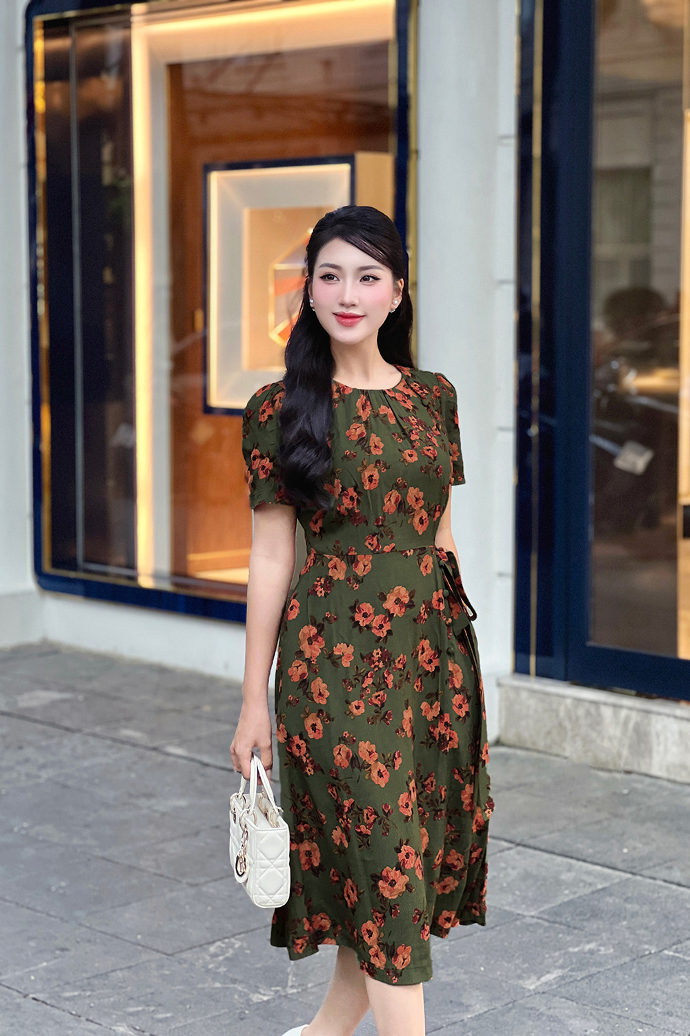 Đầm hoa công sở dáng chữ A thắt nơ eo KK171-15