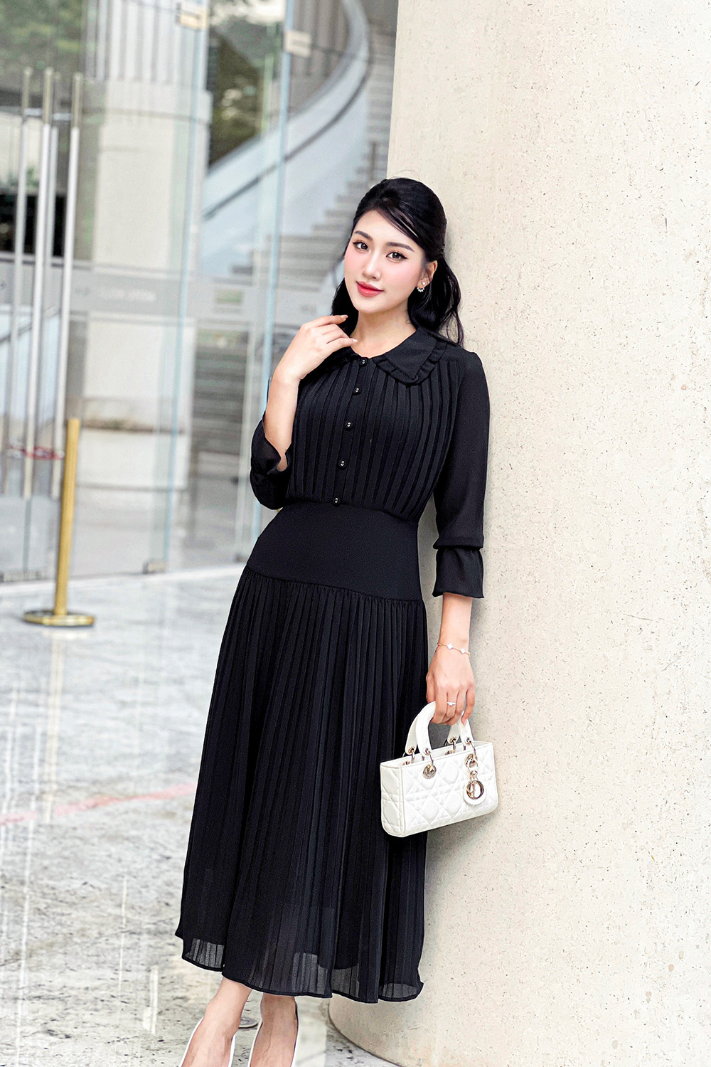 Đầm voan đen công sở dáng xòe hạ eo KK170-09