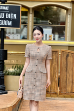 Đầm tweed dáng ôm phối nút cổ cut-out