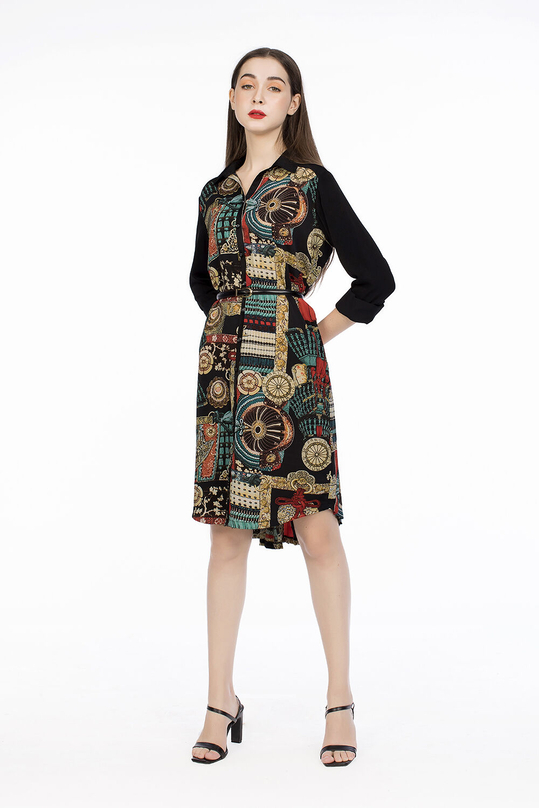 Đầm sơ mi họa tiết tay dài KK93-20