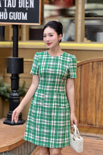 Đầm tweed caro xanh chữ A tay ngắn