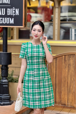 Đầm tweed caro xanh chữ A tay ngắn