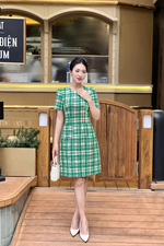 Đầm tweed caro xanh chữ A tay ngắn