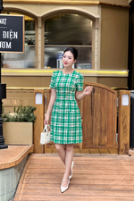 Đầm tweed caro xanh chữ A tay ngắn