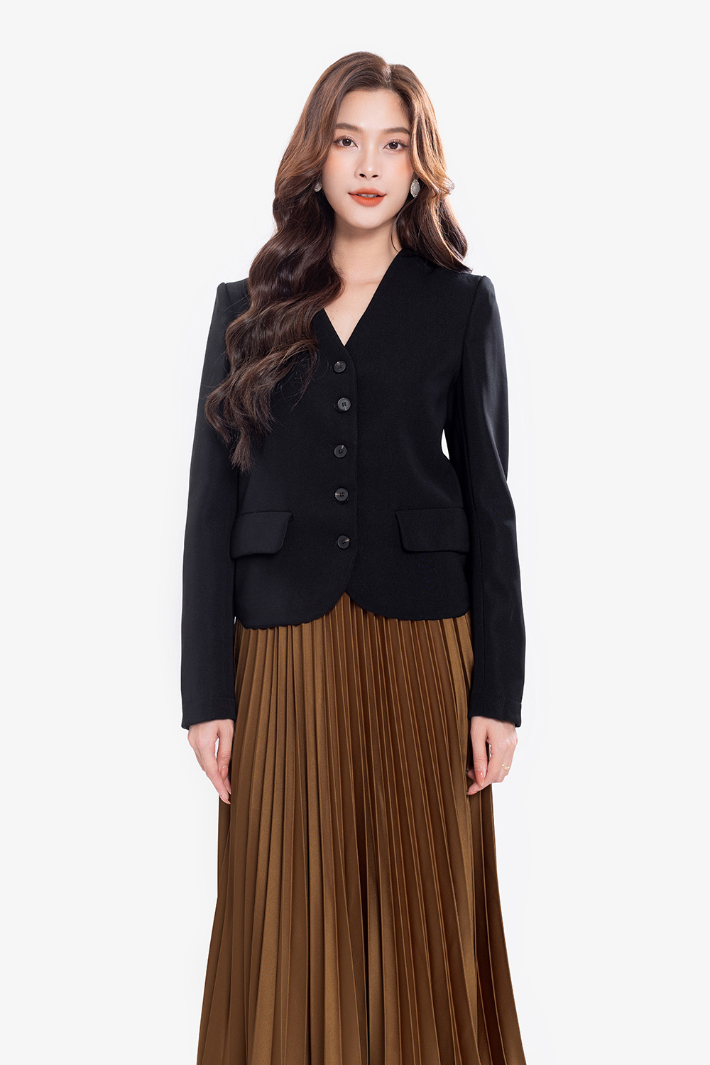 Áo khoác nữ màu đen dáng lửng tay dài