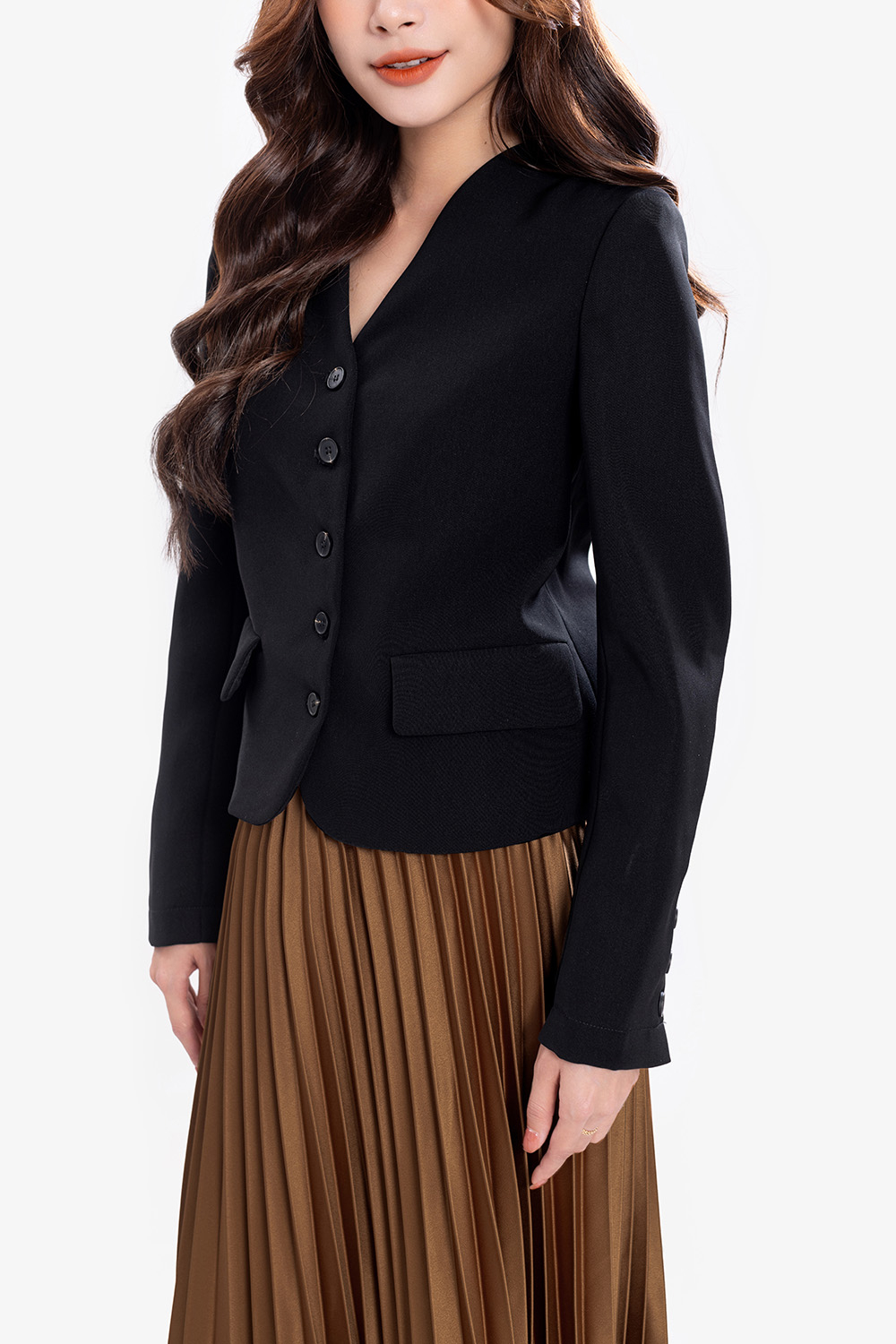 Áo khoác nữ màu đen dáng lửng tay dài