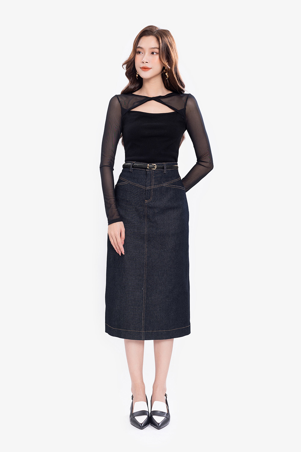 Chân váy jean dáng chữ A dài