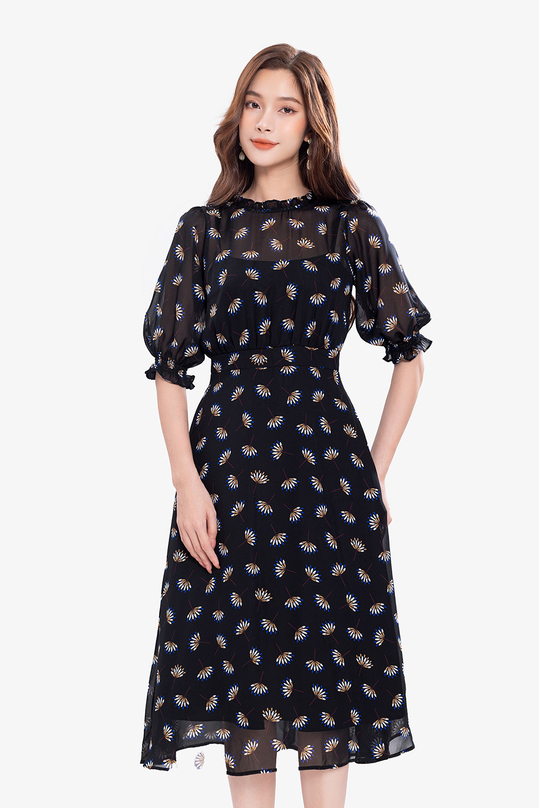 Đầm voan đen họa tiết dáng xòe tay lỡ KK169-36