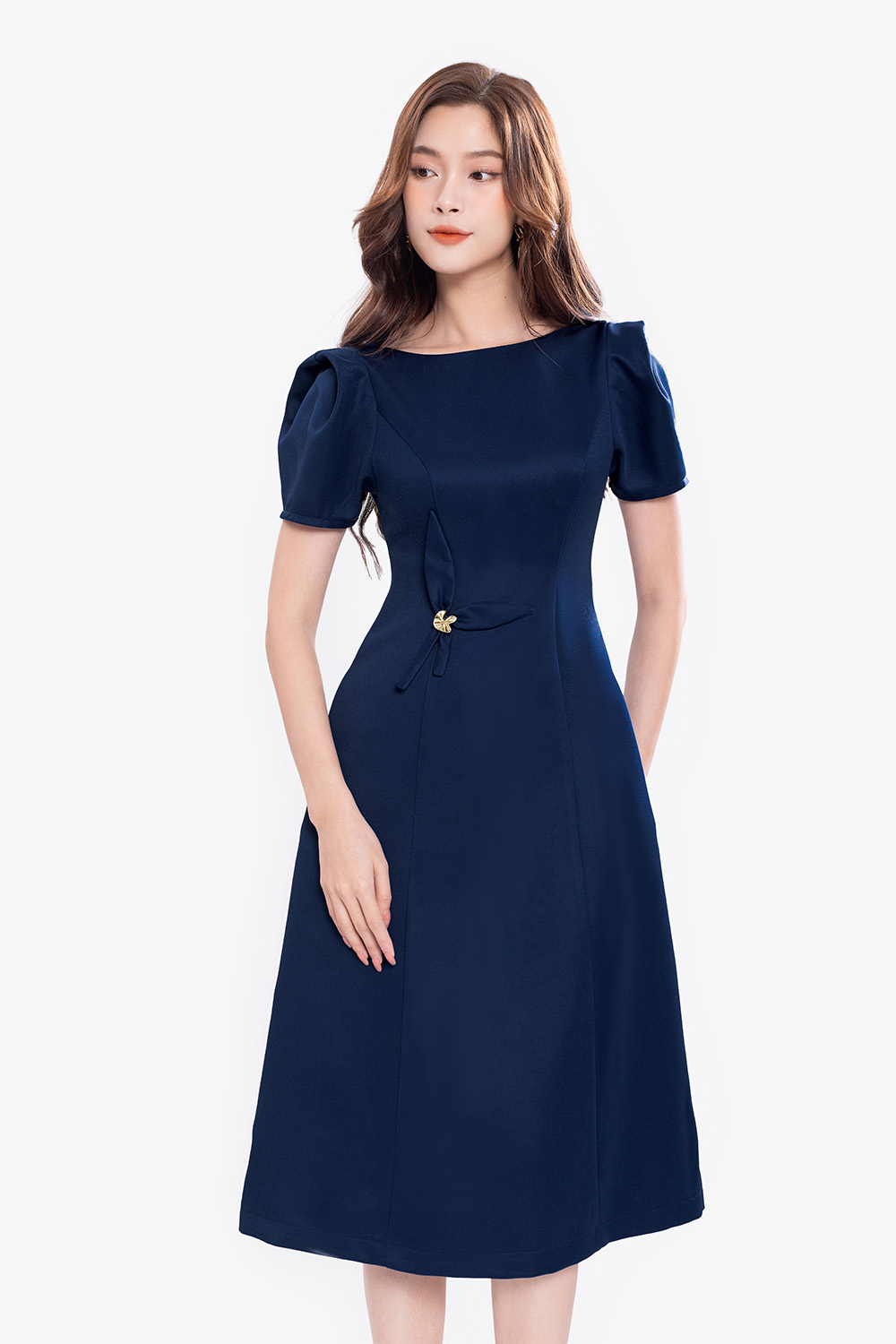 Đầm dự tiệc chữ A nhấn eo màu xanh navy KK172-26
