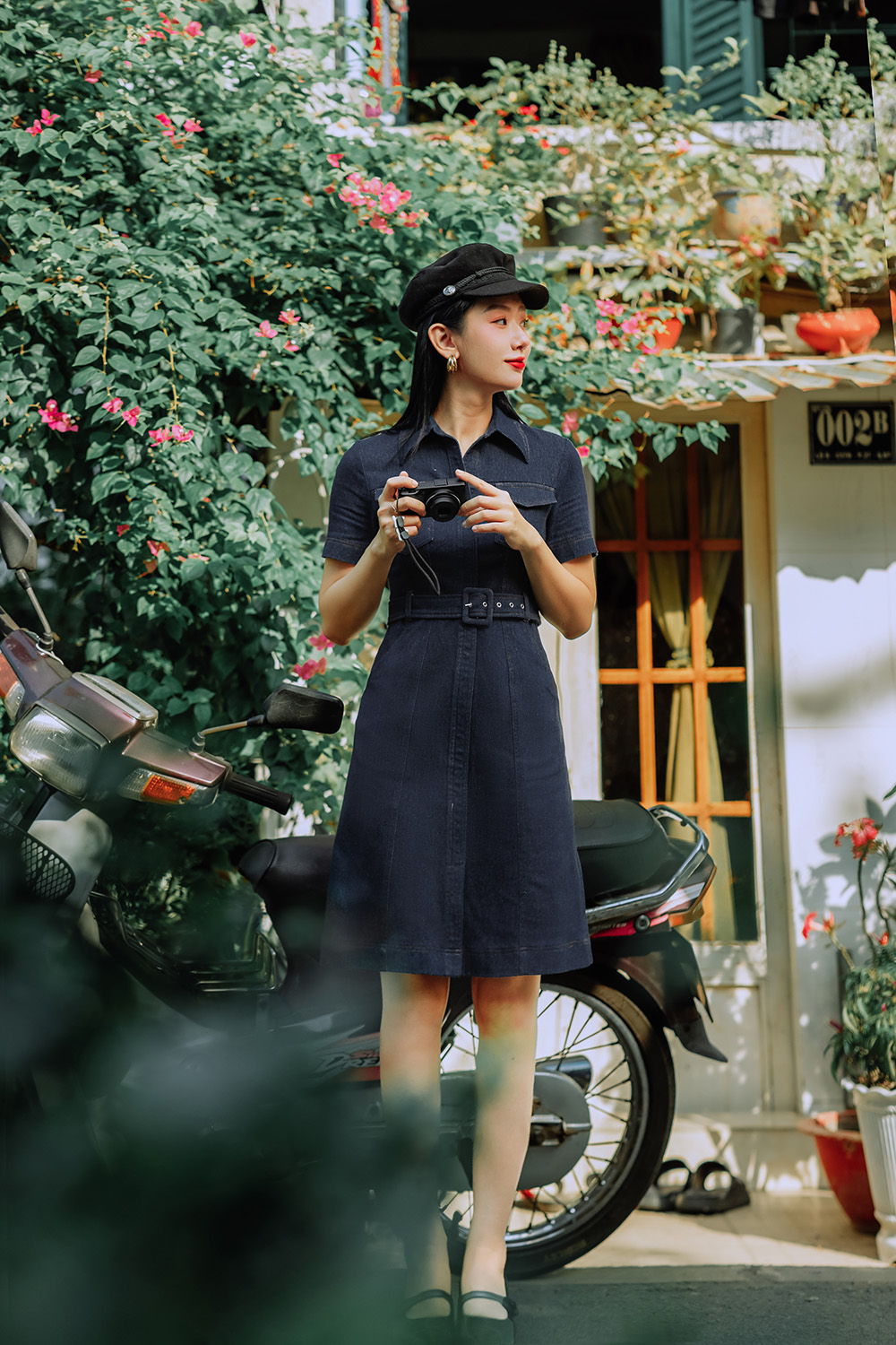 Đầm denim công sở dáng chữ A