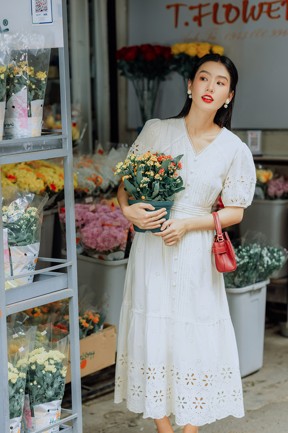 Đầm xòe chữ A xô thêu tay phồng nhẹ HL28-37