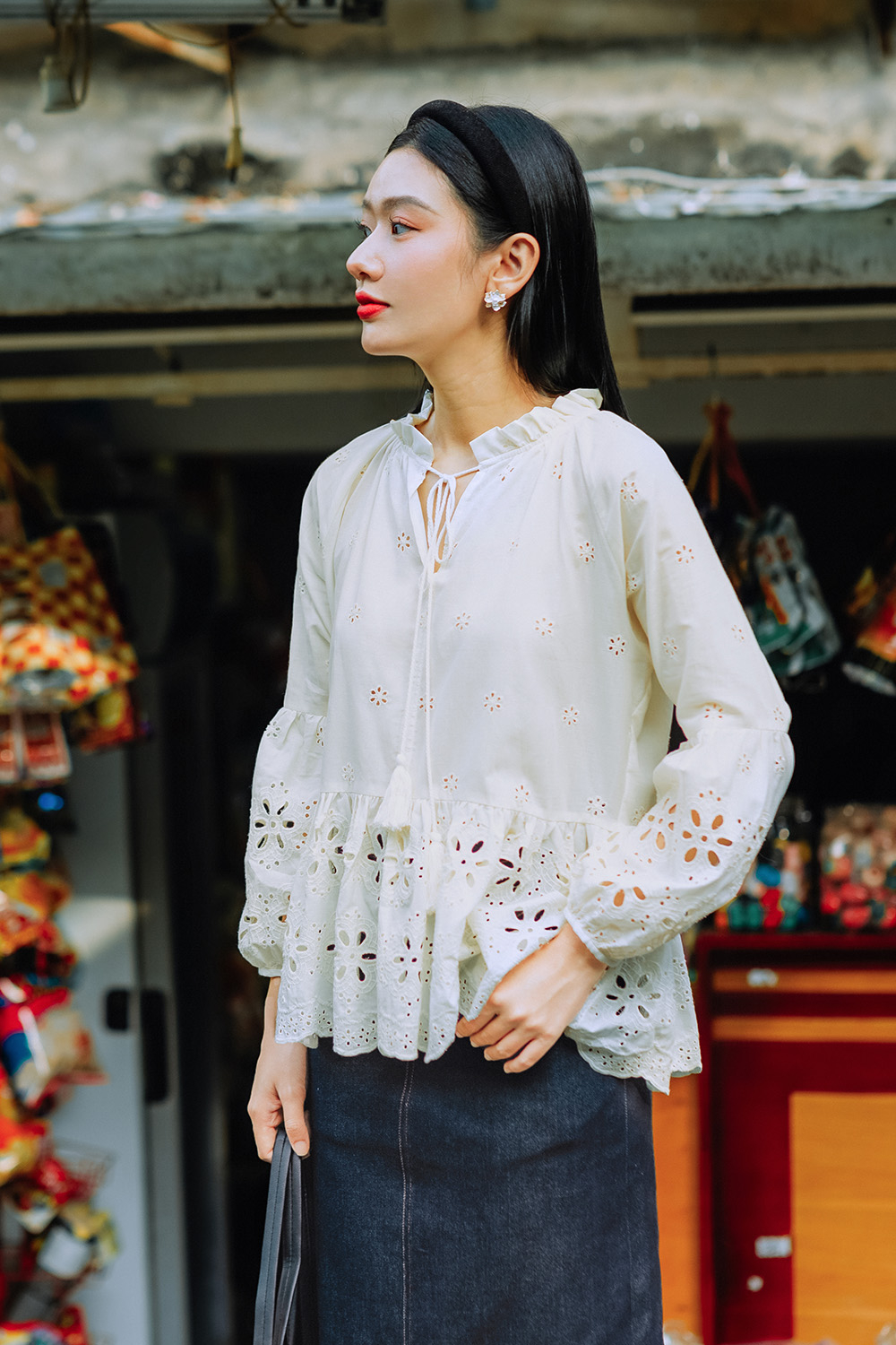 Áo kiểu nữ babydoll xô hoa thêu tay dài