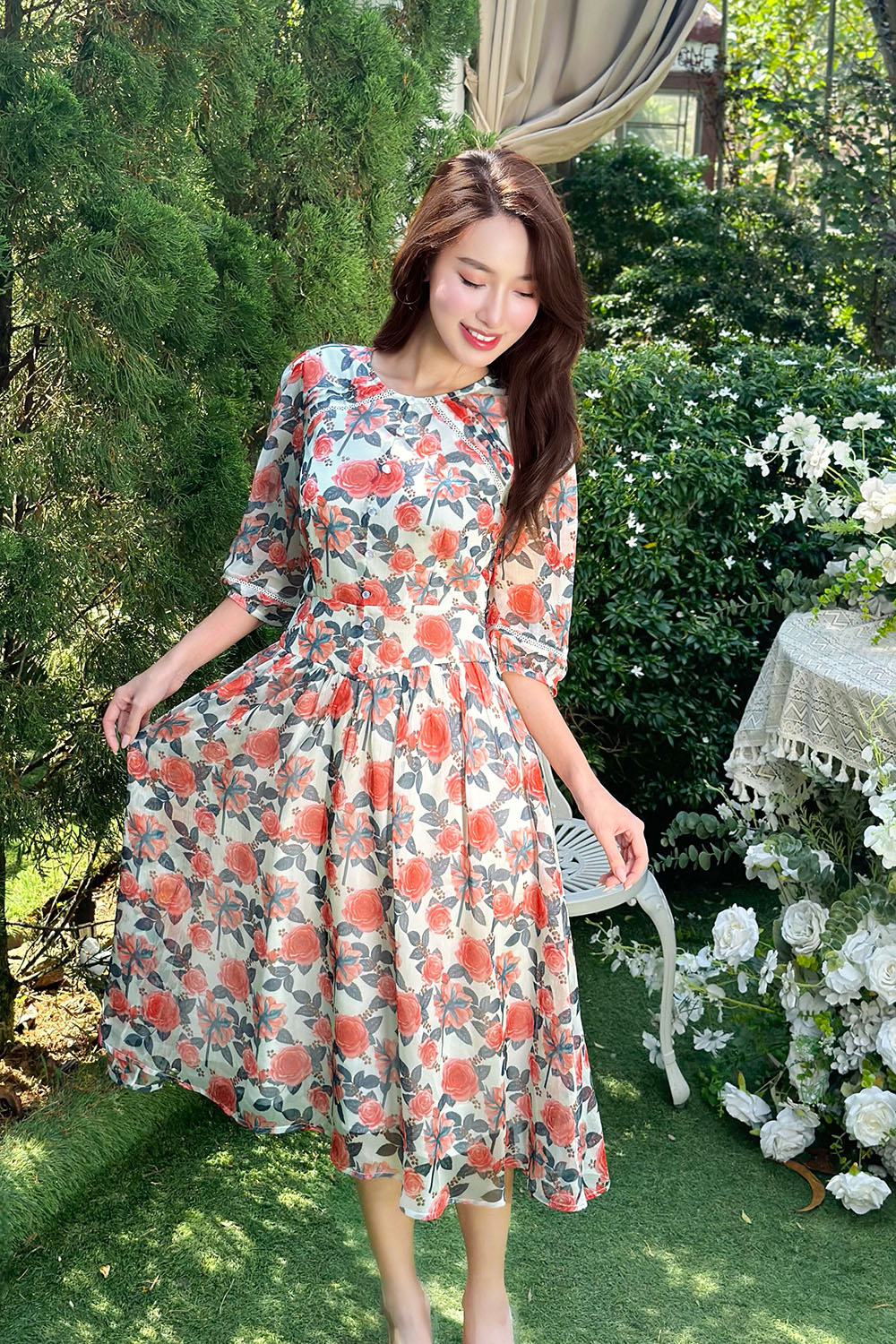 Đầm voan hoa tay lỡ dáng xòe