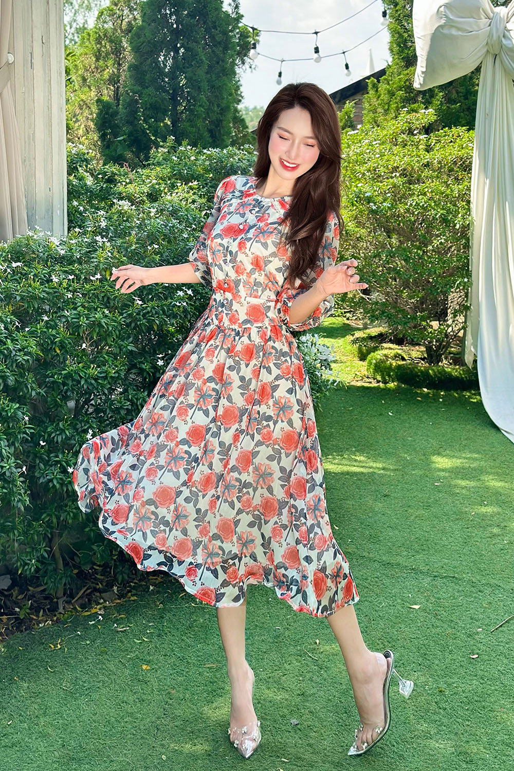 Đầm voan hoa tay lỡ dáng xòe