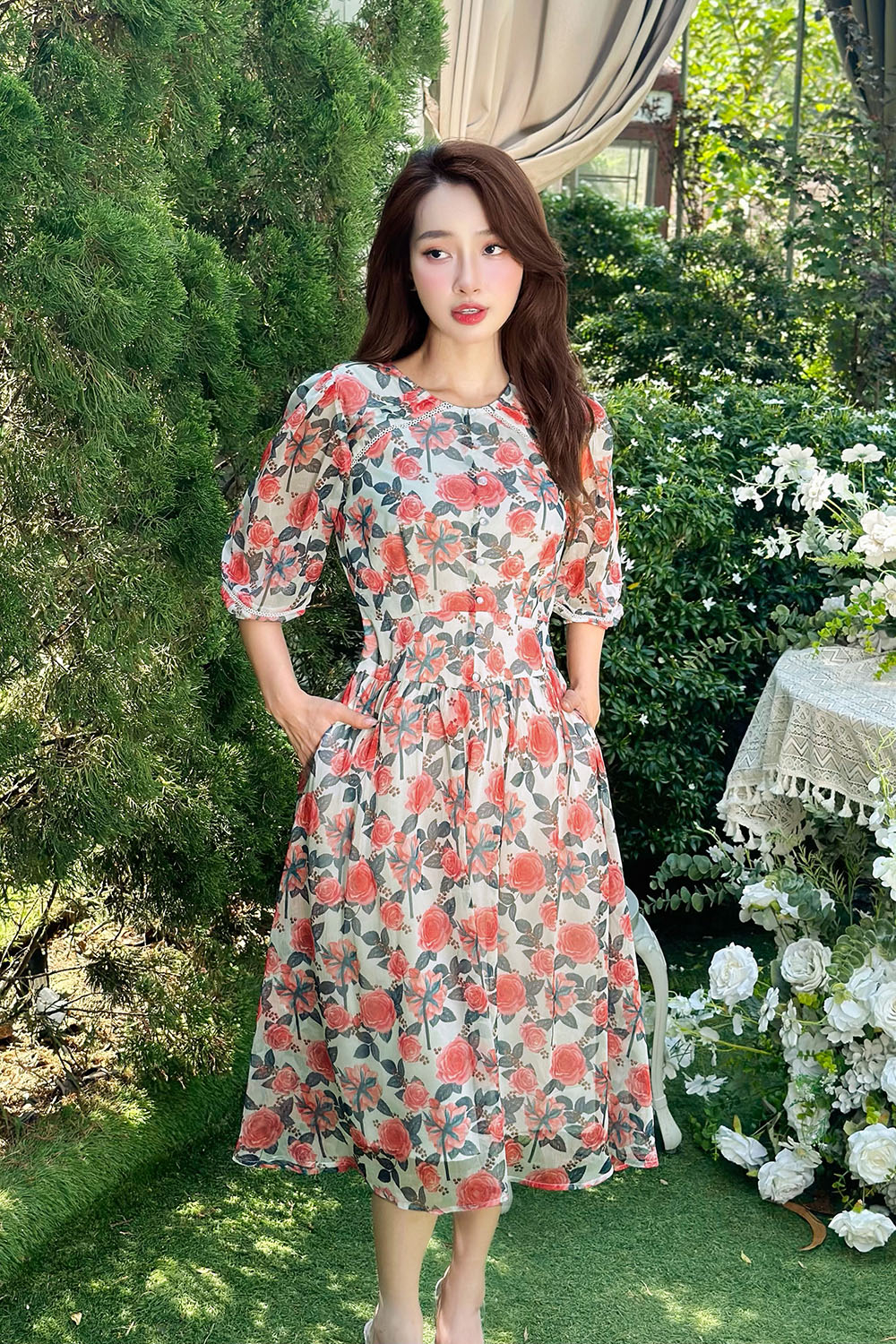 Đầm voan hoa tay lỡ dáng xòe