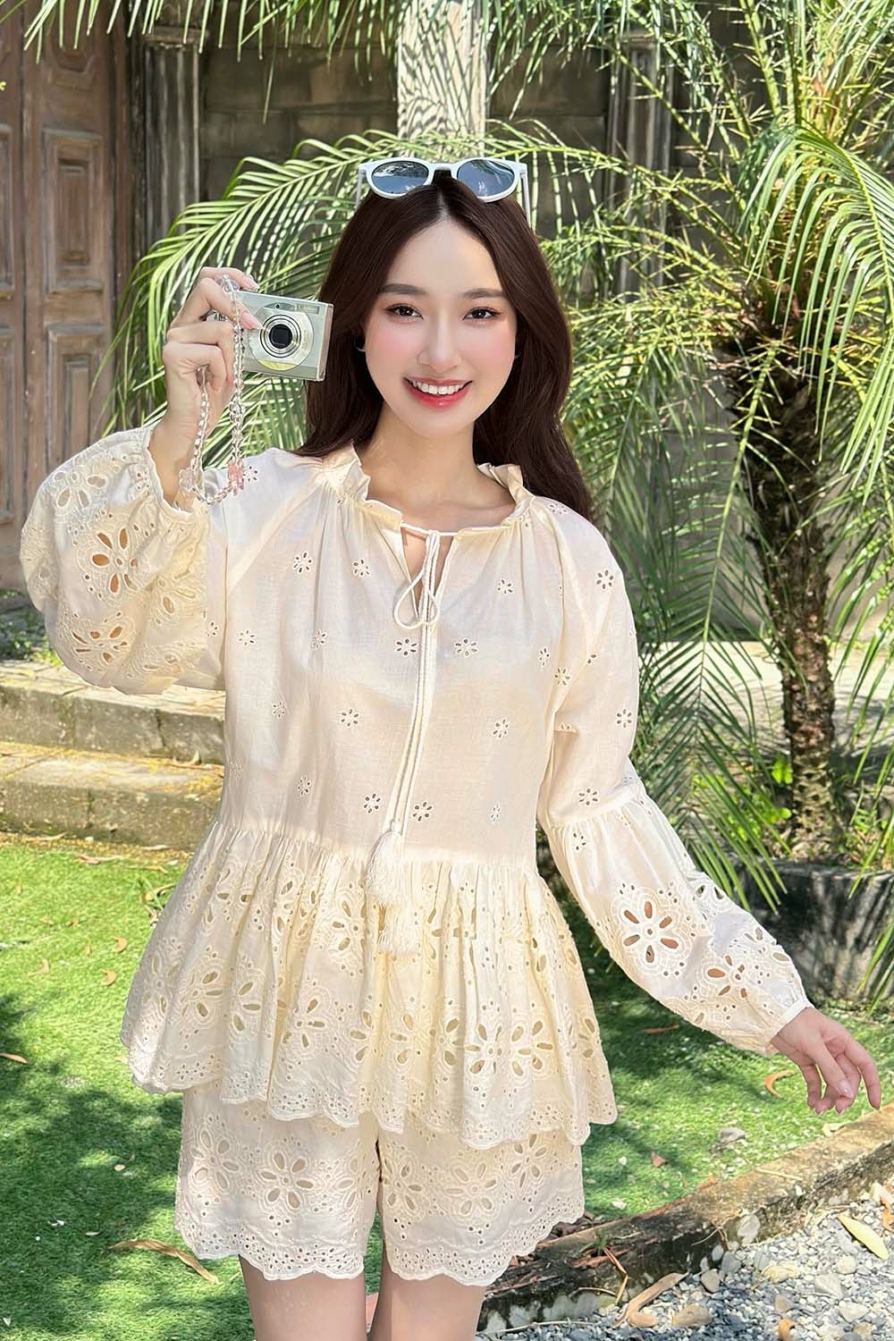 Áo kiểu nữ babydoll xô hoa thêu tay dài