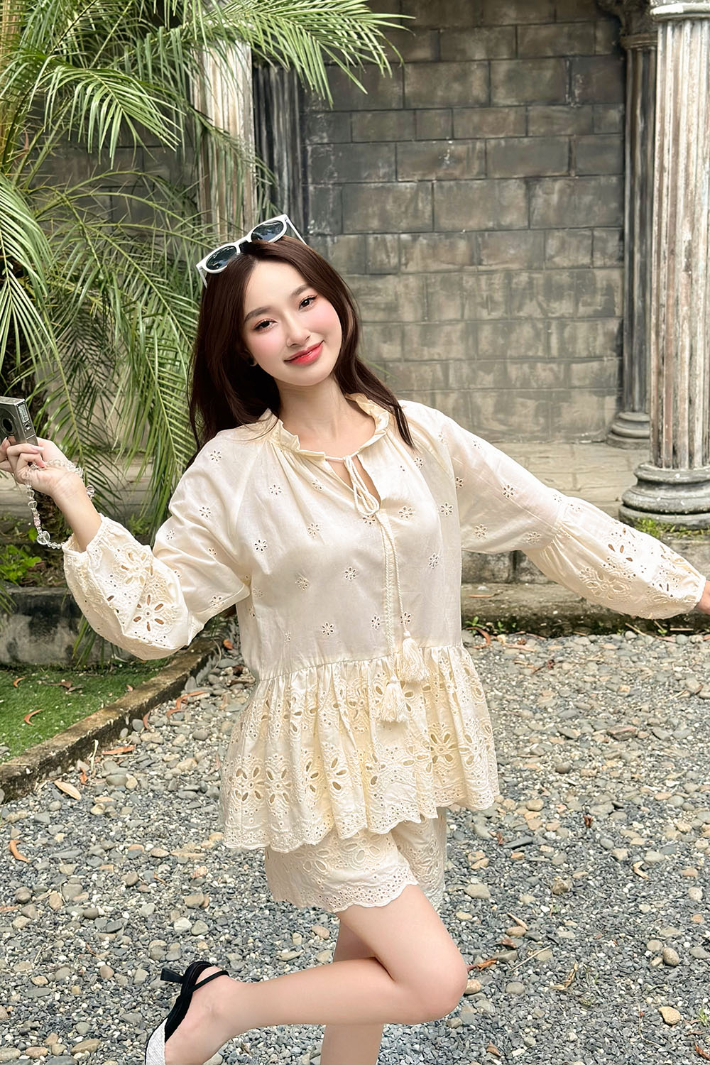 Áo kiểu nữ babydoll xô hoa thêu tay dài