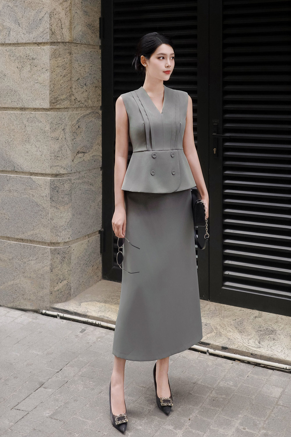 Chân váy chữ A công sở màu xám